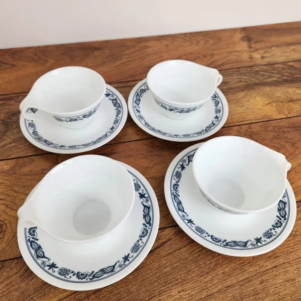 Vintage Corelle Tea Cup and Saucer Plate Old Town Blue Floral Pattern: Set of 8